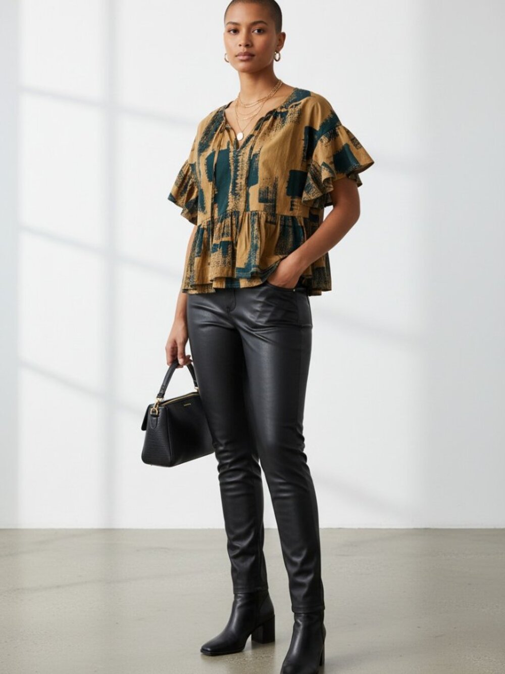 Entro NWT Peplum Top Hunter Green Black Tie Neck Blouse Sz S